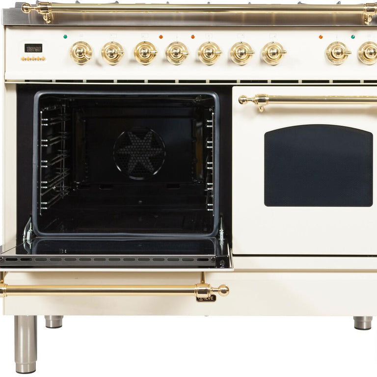 ILVE 40 in. Nostalgie Series Natural Gas Burner and Electric Oven Range in Antique White with Brass Trim, UPDN100FDMPANG