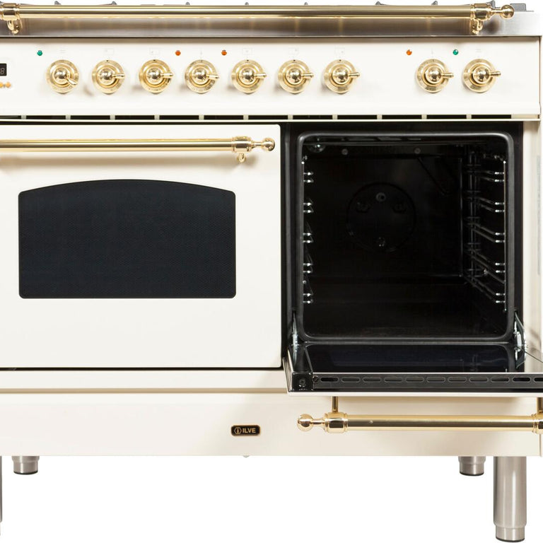 ILVE 40 in. Nostalgie Series Natural Gas Burner and Electric Oven Range in Antique White with Brass Trim, UPDN100FDMPANG