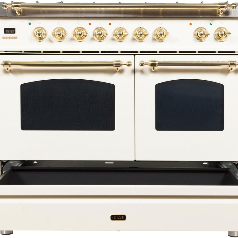 ILVE 40 in. Nostalgie Series Natural Gas Burner and Electric Oven Range in Antique White with Brass Trim, UPDN100FDMPANG