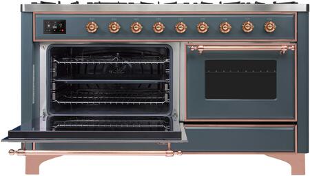 ILVE Majestic II 60" Propane Gas Burner, Electric Oven Range in Blue Grey with Copper Trim, UM15FDNS3BGPLP