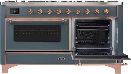 ILVE Majestic II 60" Propane Gas Burner, Electric Oven Range in Blue Grey with Copper Trim, UM15FDNS3BGPLP