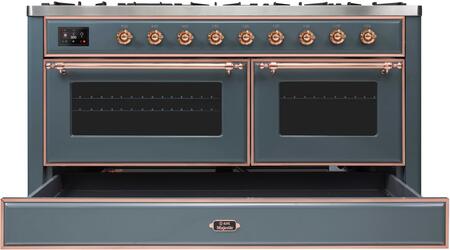 ILVE Majestic II 60" Propane Gas Burner, Electric Oven Range in Blue Grey with Copper Trim, UM15FDNS3BGPLP