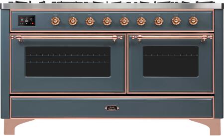 ILVE Majestic II 60" Propane Gas Burner, Electric Oven Range in Blue Grey with Copper Trim, UM15FDNS3BGPLP