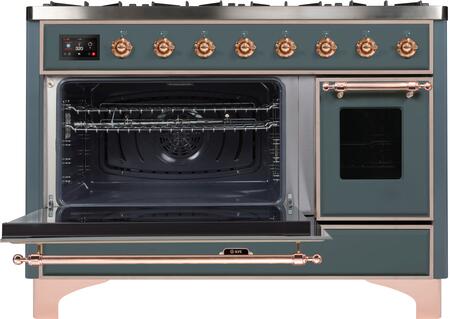 ILVE Majestic II 48" Natural Gas Burner, Electric Oven Range in Blue Grey with Copper Trim, UM12FDNS3BGPNG