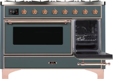 ILVE Majestic II 48" Natural Gas Burner, Electric Oven Range in Blue Grey with Copper Trim, UM12FDNS3BGPNG