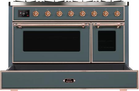ILVE Majestic II 48" Natural Gas Burner, Electric Oven Range in Blue Grey with Copper Trim, UM12FDNS3BGPNG
