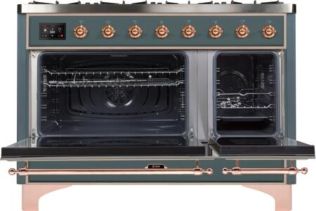 ILVE Majestic II 48" Natural Gas Burner, Electric Oven Range in Blue Grey with Copper Trim, UM12FDNS3BGPNG