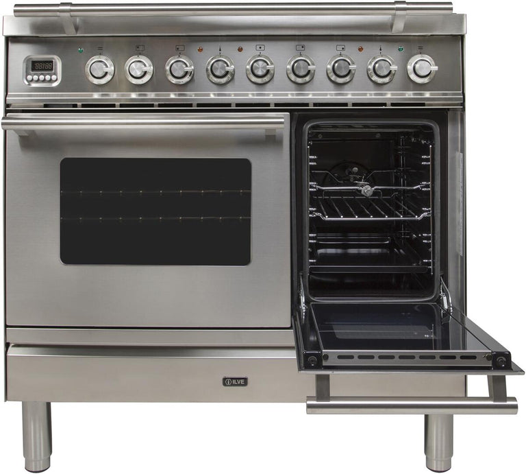 ILVE 36 in. Professional Plus Series Natural Gas Burner and Electric Oven Range in Stainless Steel with Chrome Trim, UPDW90FDMPING