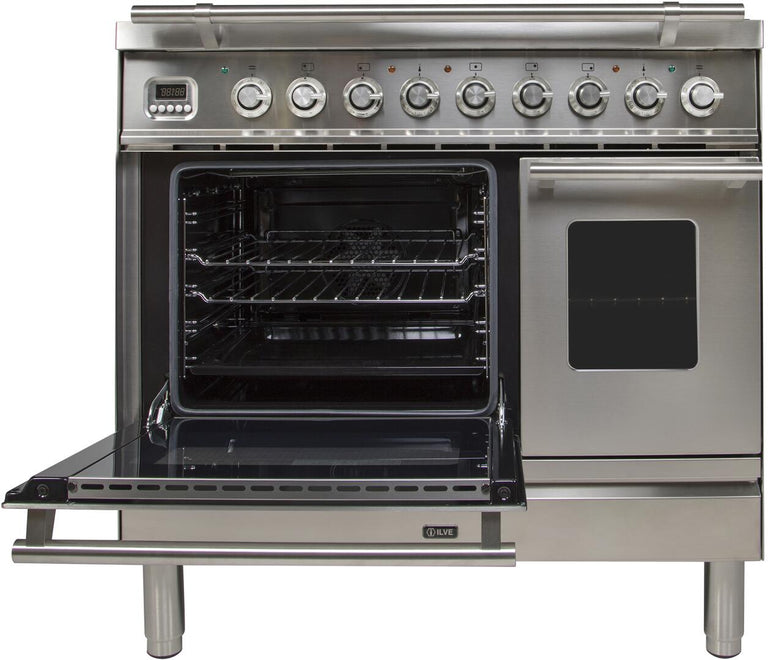 ILVE 36 in. Professional Plus Series Natural Gas Burner and Electric Oven Range in Stainless Steel with Chrome Trim, UPDW90FDMPING