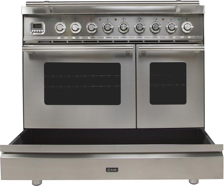 ILVE 36 in. Professional Plus Series Natural Gas Burner and Electric Oven Range in Stainless Steel with Chrome Trim, UPDW90FDMPING