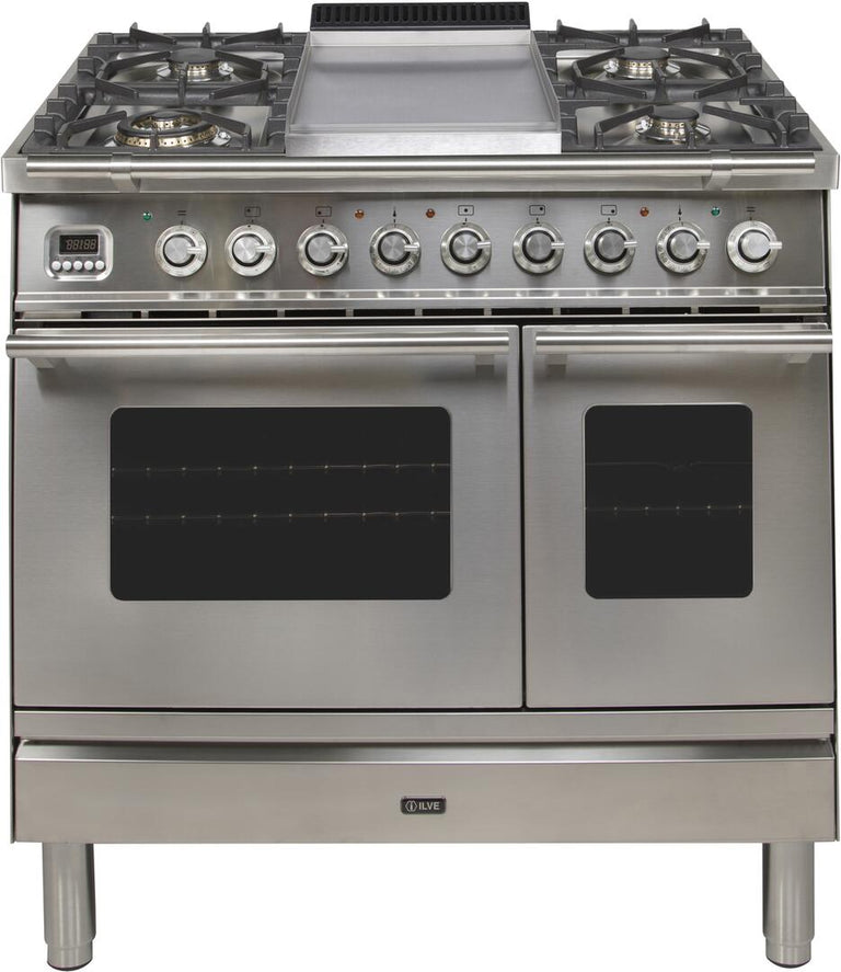 ILVE 36 in. Professional Plus Series Natural Gas Burner and Electric Oven Range in Stainless Steel with Chrome Trim, UPDW90FDMPING