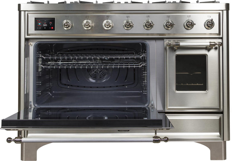 ILVE 48 in. Majestic II Series Natural Gas Burner and Double Electric Oven in Stainless Steel with Chrome Trim, UM12FDNS3SSCNG
