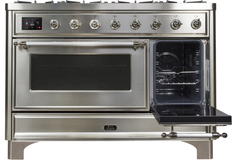 ILVE 48 in. Majestic II Series Natural Gas Burner and Double Electric Oven in Stainless Steel with Chrome Trim, UM12FDNS3SSCNG