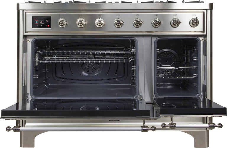 ILVE 48 in. Majestic II Series Natural Gas Burner and Double Electric Oven in Stainless Steel with Chrome Trim, UM12FDNS3SSCNG