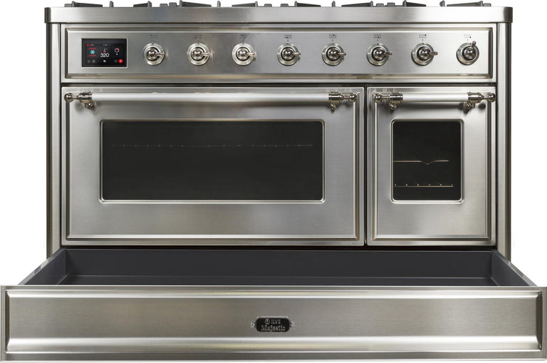 ILVE 48 in. Majestic II Series Natural Gas Burner and Double Electric Oven in Stainless Steel with Chrome Trim, UM12FDNS3SSCNG