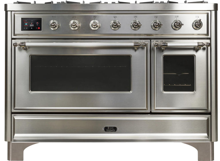 ILVE 48 in. Majestic II Series Natural Gas Burner and Double Electric Oven in Stainless Steel with Chrome Trim, UM12FDNS3SSCNG