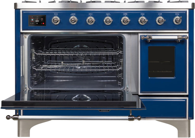 ILVE 48 in. Majestic II Series Natural Gas Burner and Double Electric Oven in Midnight Blue with Chrome Trim, UM12FDNS3MBCNG