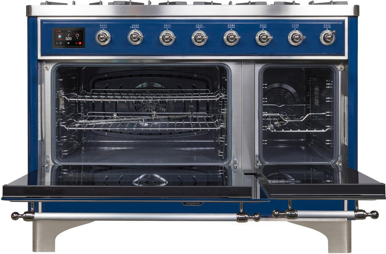 ILVE 48 in. Majestic II Series Natural Gas Burner and Double Electric Oven in Midnight Blue with Chrome Trim, UM12FDNS3MBCNG