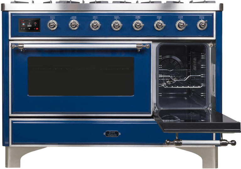 ILVE 48 in. Majestic II Series Natural Gas Burner and Double Electric Oven in Midnight Blue with Chrome Trim, UM12FDNS3MBCNG