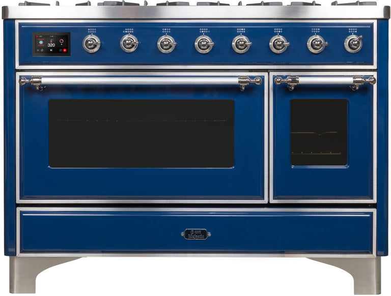 ILVE 48 in. Majestic II Series Natural Gas Burner and Double Electric Oven in Midnight Blue with Chrome Trim, UM12FDNS3MBCNG