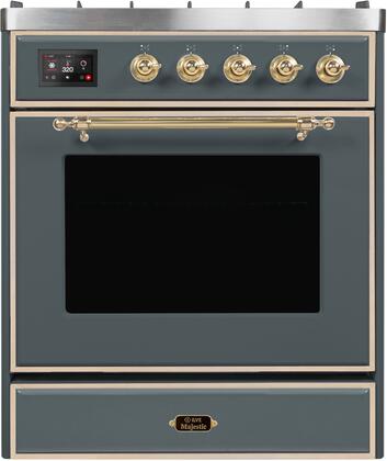 ILVE Majestic II 30" Propane Gas Burner, Electric Oven Range in Blue Grey with Brass Trim, UM30DNE3BGGLP