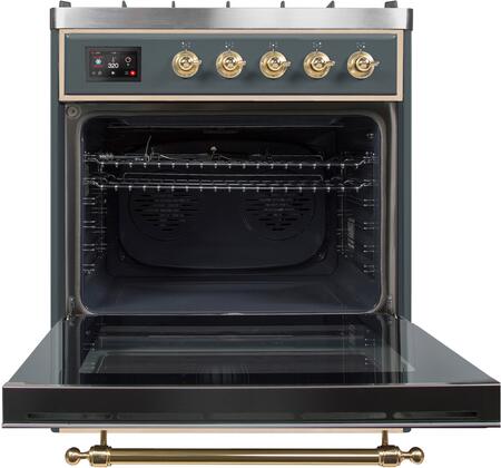 ILVE Majestic II 30" Propane Gas Burner, Electric Oven Range in Blue Grey with Brass Trim, UM30DNE3BGGLP