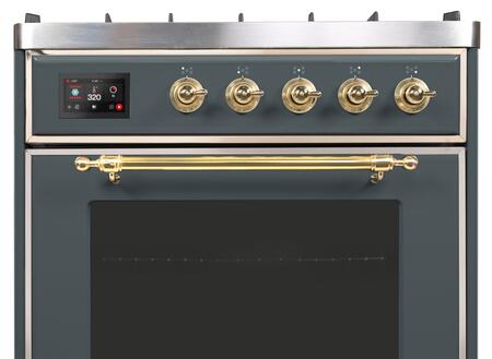 ILVE Majestic II 30" Propane Gas Burner, Electric Oven Range in Blue Grey with Brass Trim, UM30DNE3BGGLP