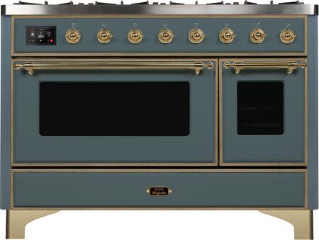 ILVE Majestic II 48" Propane Gas Burner, Electric Oven Range in Blue Grey with Brass Trim, UM12FDNS3BGGLP