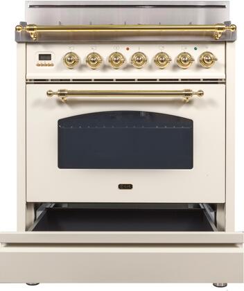 ILVE 30 in. Nostalgie Series Single Oven Propane Gas Burner and Oven in Antique White with Brass Trim, UPN76DVGGALP