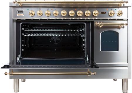 ILVE 48 in. Nostalgie Series Propane Gas Burner and Electric Oven Range in Stainless Steel with Brass Trim, UPN120FDMPILP