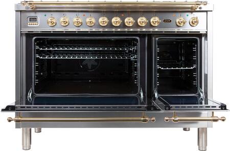 ILVE 48 in. Nostalgie Series Propane Gas Burner and Electric Oven Range in Stainless Steel with Brass Trim, UPN120FDMPILP