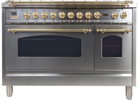 ILVE 48 in. Nostalgie Series Propane Gas Burner and Electric Oven Range in Stainless Steel with Brass Trim, UPN120FDMPILP