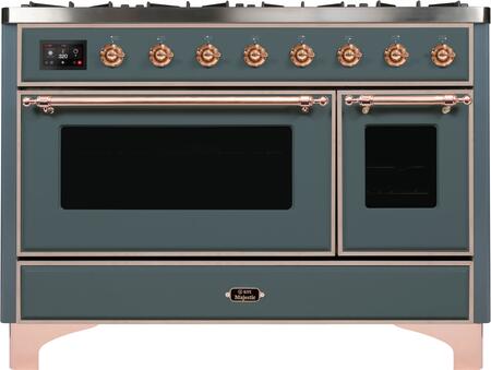 ILVE Majestic II 48" Propane Gas Burner, Electric Oven Range in Blue Grey with Copper Trim, UM12FDNS3BGPLP