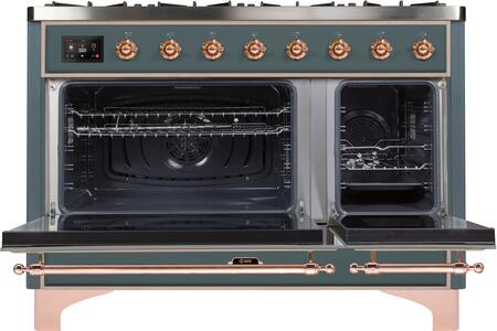 ILVE Majestic II 48" Propane Gas Burner, Electric Oven Range in Blue Grey with Copper Trim, UM12FDNS3BGPLP