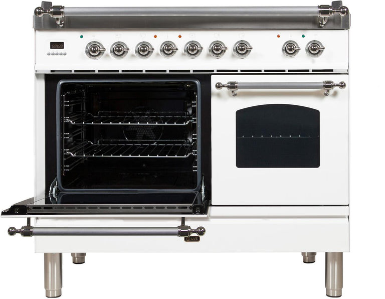 ILVE 40 in. Nostalgie Series Natural Gas Burner and Electric Oven Range in White with Chrome Trim, UPDN100FDMPBXNG
