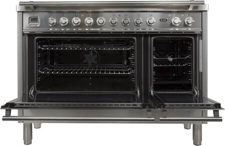 ILVE Professional Plus 48" Natural Gas Burner, Electric Oven Range in White with Chrome Trim, UPW120FDMPBNG