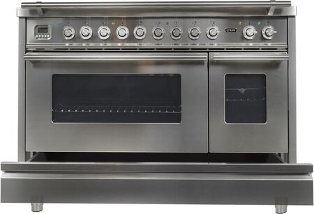 ILVE Professional Plus 48" Natural Gas Burner, Electric Oven Range in White with Chrome Trim, UPW120FDMPBNG