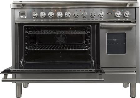 ILVE Professional Plus 48" Natural Gas Burner, Electric Oven Range in White with Chrome Trim, UPW120FDMPBNG