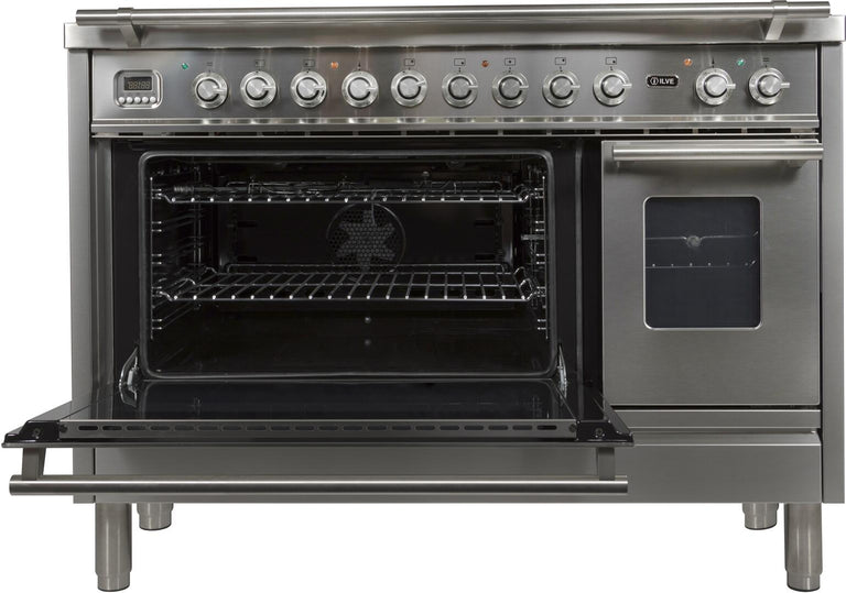 ILVE 48 in. Professional Plus Series Natural Gas Burner and Electric Oven Range in Stainless Steel with Chrome Trim, UPW120FDMPING