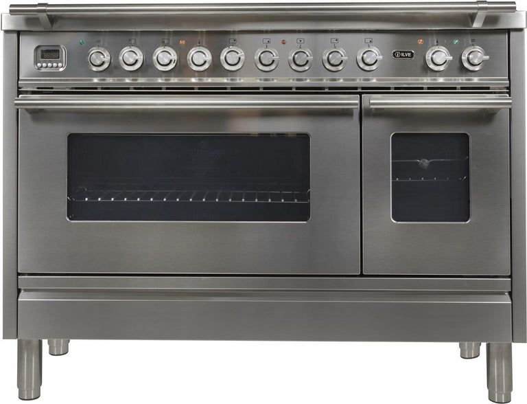 ILVE 48 in. Professional Plus Series Natural Gas Burner and Electric Oven Range in Stainless Steel with Chrome Trim, UPW120FDMPING