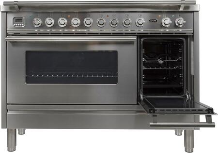 ILVE Professional Plus 48" Natural Gas Burner, Electric Oven Range in White with Chrome Trim, UPW120FDMPBNG