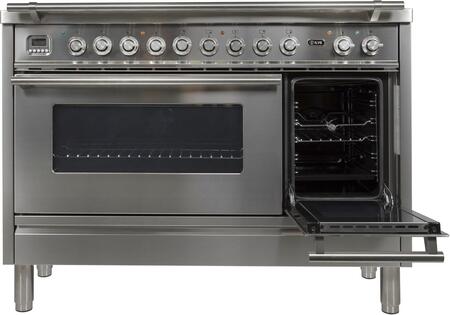 ILVE Professional Plus 48" Natural Gas Burner, Electric Oven Range in Glossy Black with Chrome Trim, UPW120FDMPNNG