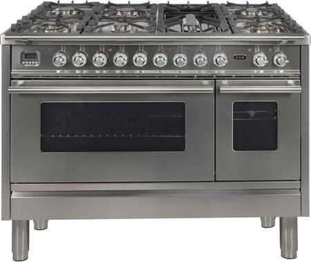 ILVE Professional Plus 48" Natural Gas Burner, Electric Oven Range in White with Chrome Trim, UPW120FDMPBNG
