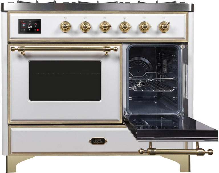 ILVE 40 in. Majestic II Series Natural Gas Burner and Double Electric Oven in White with Brass Trim, UMD10FDNS3WHGNG