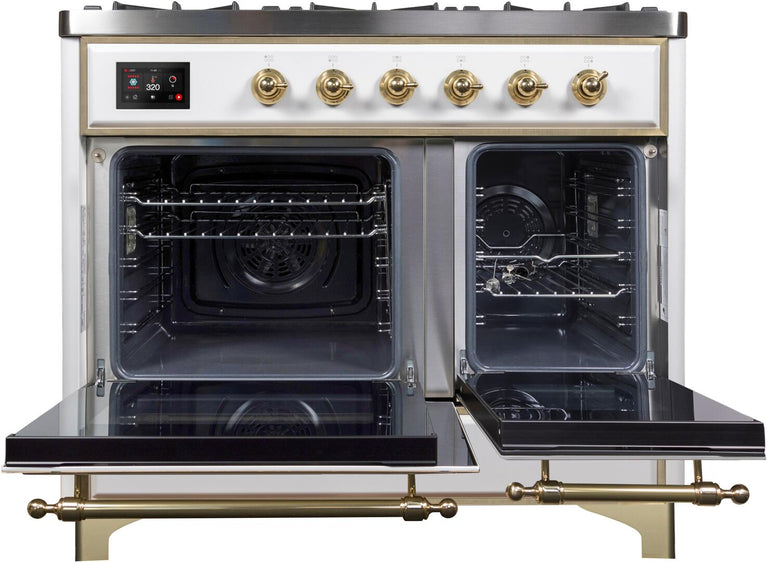 ILVE 40 in. Majestic II Series Natural Gas Burner and Double Electric Oven in White with Brass Trim, UMD10FDNS3WHGNG