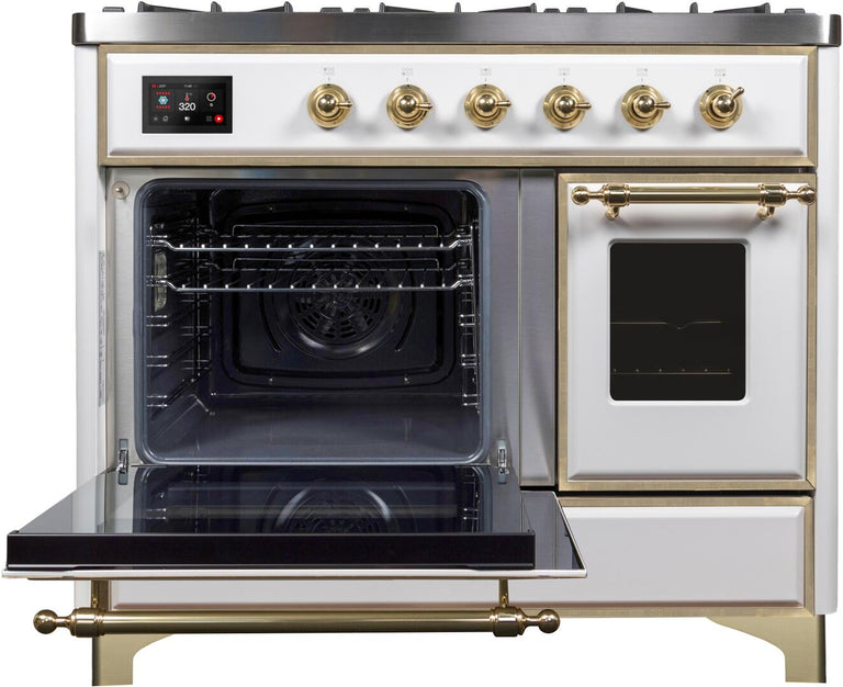 ILVE 40 in. Majestic II Series Natural Gas Burner and Double Electric Oven in White with Brass Trim, UMD10FDNS3WHGNG