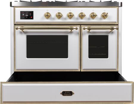 ILVE 40 in. Majestic II Series Natural Gas Burner and Double Electric Oven in White with Brass Trim, UMD10FDNS3WHGNG