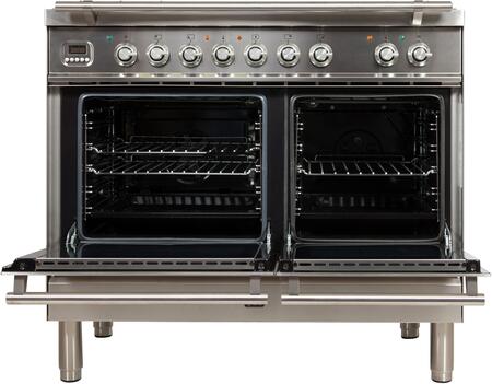 ILVE 40 in. Professional Plus Series Natural Gas Burner and Electric Oven Range in Stainless Steel with Chrome Trim, UPDW100FDMPING