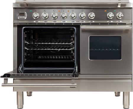 ILVE 40 in. Professional Plus Series Natural Gas Burner and Electric Oven Range in Stainless Steel with Chrome Trim, UPDW100FDMPING