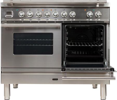 ILVE 40 in. Professional Plus Series Natural Gas Burner and Electric Oven Range in Stainless Steel with Chrome Trim, UPDW100FDMPING